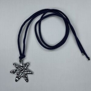 Handmade Denim Cord Starburst Pendant Necklace Dark Wash Blue Bolo Style